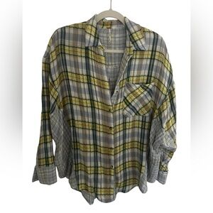 free people yellow & blue light weight ‎ Plaid Button-Up Shirt XS